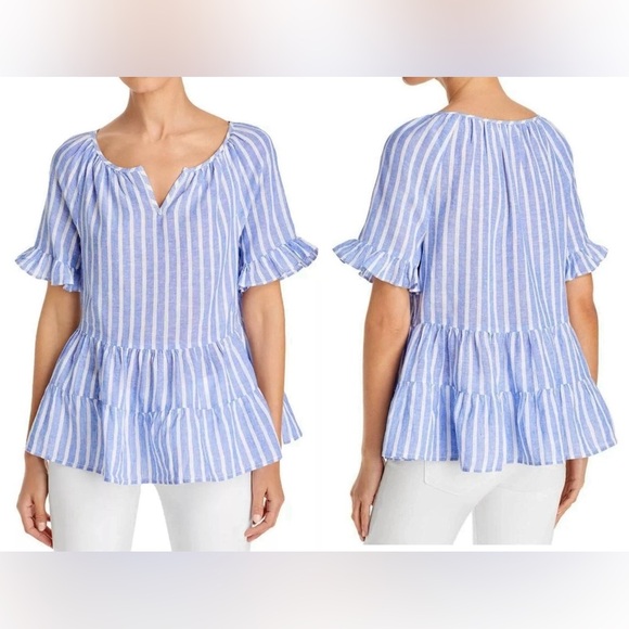BEACH LUNCH LOUNGE Akia Linen-Blend Striped Top Ruffles Tiered Size S/P - Picture 9 of 9